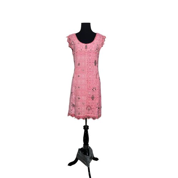 Yoana Baraschi coral pink crochet cap sleeves sheath mini dress size M - Picture 12 of 14